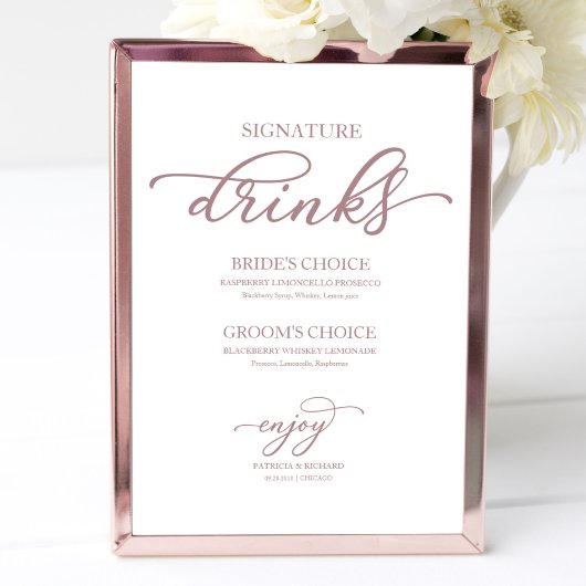 Poster Signature Boissons Chic Rose Gold Script Signer
