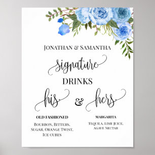 Poster Signature Boissons Couples Mariage Blue Floral Sig