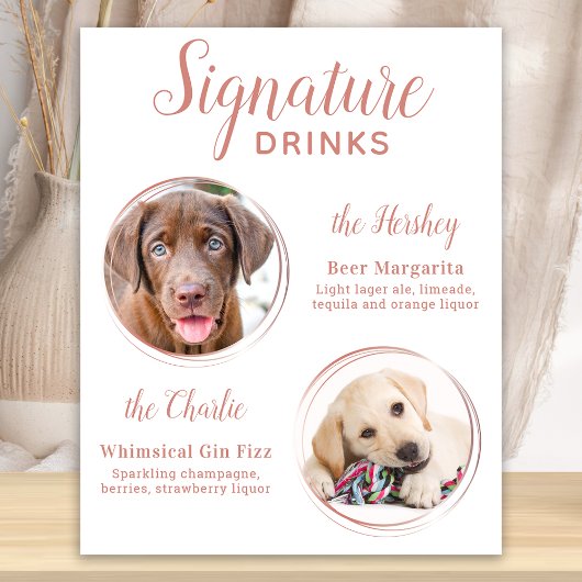 Poster Signature Boissons Elegant Rose Gold Pet Mariage