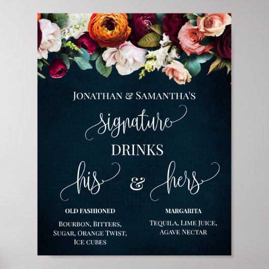 Poster Signature Boissons Mariage Fleurs de vin Panneau d (Devant)