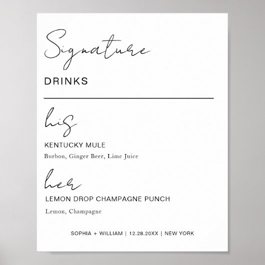 Poster Signature Boissons Mariage Party Bar Menu Ses Orei (Devant)