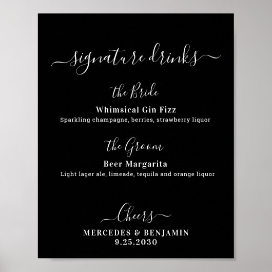 Poster Signature Boissons Noir Mariage personnalisé Bar (Devant)
