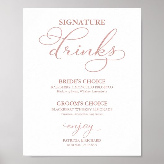 Poster Signature Boissons Rose Gold Foil Mariage Signal (Devant)