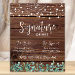 Poster Signature Boissons Verdure String Mariage<br><div class="desc">Boissons Signature ! Eeucalyptus moderne mais rustique et lampes à cordes sur bois rustique de campagne avec élégante calligraphie, ce panneau signature bar à boisson propose deux cocktails "la Mariée" et "la Salle", personnalisés avec vos boissons de choix. Customisez cette élégante enseigne de mariage avec vos noms et boissons signature!...</div>