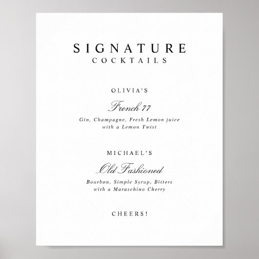 Poster Signature Drinks Elegant Simple Wedding Bar Sign (Devant)