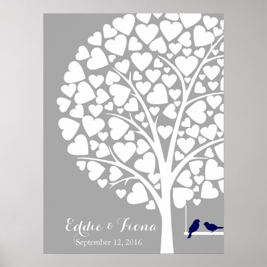 Poster signature mariage guest book tree bird marine (Devant)