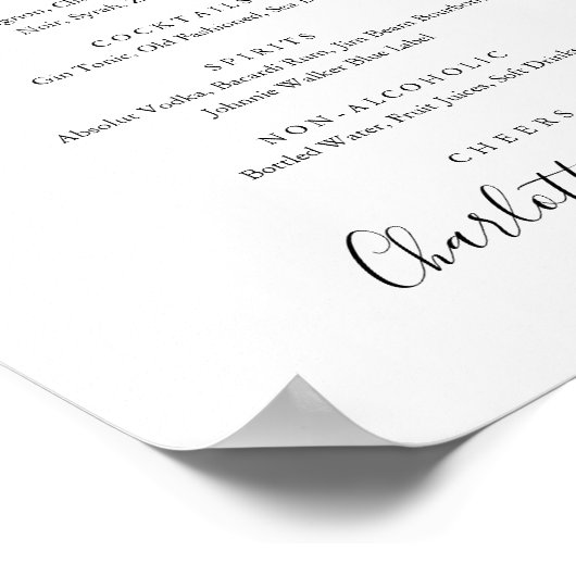 Poster Signature Noir Et Blanc Script Boissons Menu Signe (Coin)