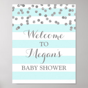 Poster SIGNE baby shower Bleu Stripes Argent Confetti