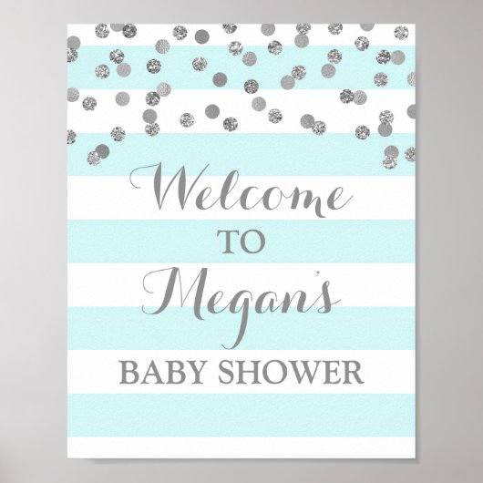 Poster SIGNE baby shower Bleu Stripes Argent Confetti (Devant)