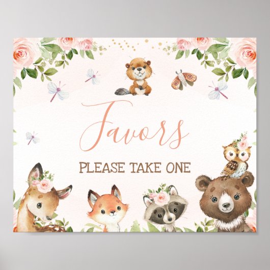 Poster SIGNE Baby shower Rose Floral Bois Animaux (Devant)