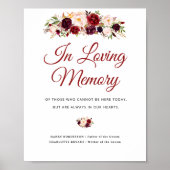 Poster signe commémoratif mariage à fleurs bordeaux et ro (Devant)