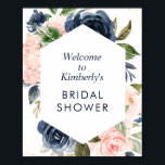Poster signe d'accueil de la douche nuptiale et rousse<br><div class="desc">Un cadre floral moderne avec de belles fleurs d'aquarelle bleu marine et de couleur rousse. Le texte et les couleurs de cette affiche peuvent être modifiés.</div>