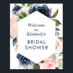 Poster signe d'accueil de la douche nuptiale et rousse<br><div class="desc">Un cadre floral moderne avec de belles fleurs d'aquarelle bleu marine et de couleur rousse. Le texte et les couleurs de cette affiche peuvent être modifiés.</div>