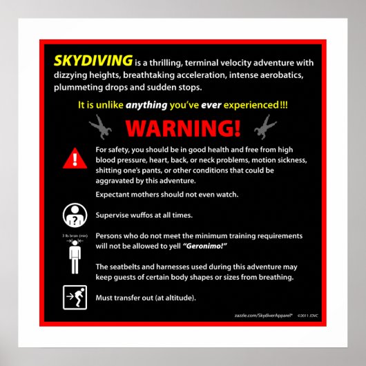 Poster SIGNE D'Avertissement Du Parc À Thème SKYDIVING (Devant)