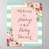 Poster SIGNE DE baby shower Pink Floral Mint Green Stripe (Devant)