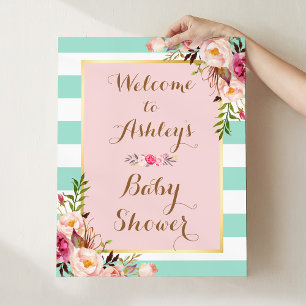 Poster SIGNE DE baby shower Pink Floral Mint Green Stripe