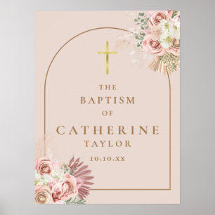 Poster Signe de baptême en or rose avec herbe des Pampas