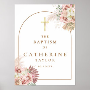 Poster Signe de baptême en or rose avec herbe des Pampas
