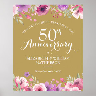 Poster Signe de bienvenue aquarelle Roses 50e anniversair