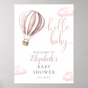 Poster Signe de bienvenue Baby Shower Montgolfière Rose