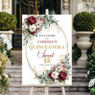 Poster Signe de bienvenue Boho Floral Quinceanera Bourgog