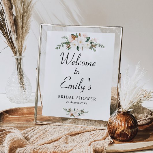 Poster signe de bienvenue de baby shower floral de magnol