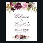 Poster signe de bienvenue de la douche nuptiale fleurie v<br><div class="desc">Un design floral avec de belles fleurs d'aquarelle violette. Le texte et les couleurs de cette affiche peuvent être modifiés.</div>