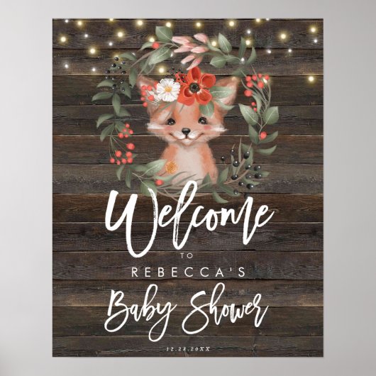 Poster signe de bienvenue du baby shower de renard roux (Devant)