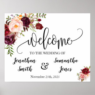 Poster signe de bienvenue mariage boho chic marsala flora