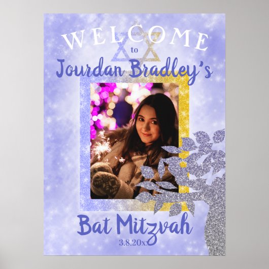 Poster Signe de bienvenue pour Bat Mitzvah bleu et or (Devant)