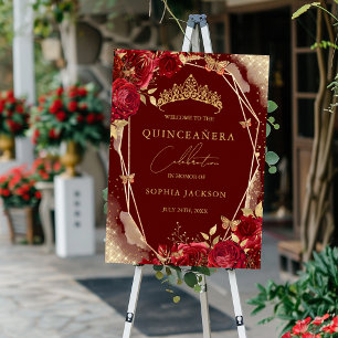 Poster Signe de Bienvenue Red Gold Floral Rose Quinceaner