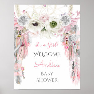 Poster Signe de bienvenue tribal boho attrape-rêves rose 