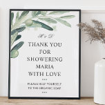Poster SIGNE DE Fête des mariées Rustique Olive Green<br><div class="desc">Signe rustique pour la douche nuptiale avec aquarelle olivier branche verdure remerciant l'invité de la douche nuptiale dans la typographie classique et moderne. Message-moi si vous avez besoin d'aide ou avez des demandes spéciales.</div>