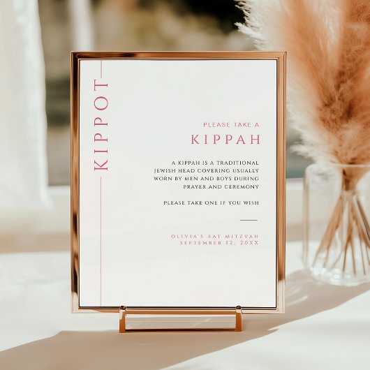 Poster Signe de Kippah moderne rose et blanc pour Bat Mit