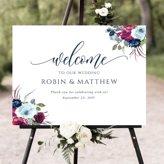 Poster SIGNE DE Mariage D'Accueil Floral Berry, Bleu, Bou