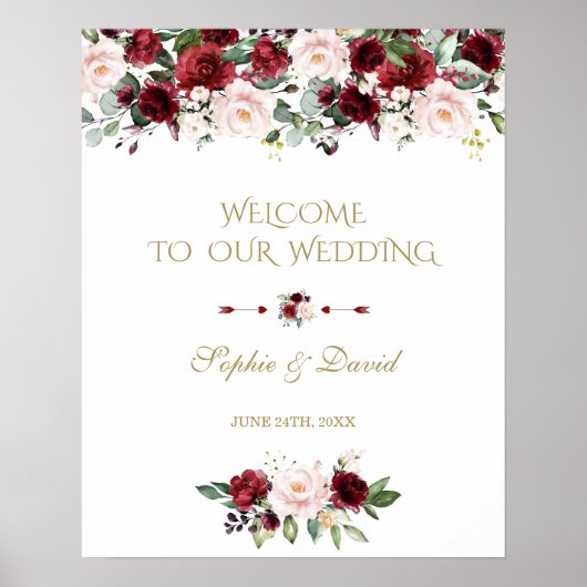 Poster SIGNE DE Mariage DE Bienvenue Boho Burgundy Rose (Devant)