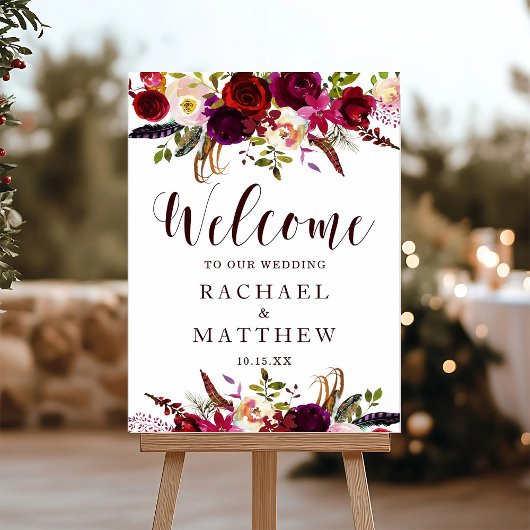 Poster SIGNE DE Mariage DE Bienvenue Floral Boho Burgundy