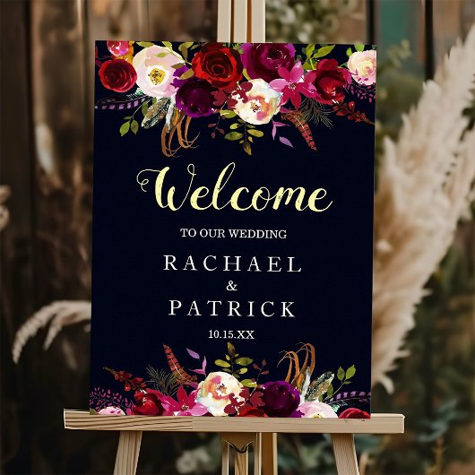 Poster SIGNE DE Mariage DE Bienvenue Floral Burgundy Boho