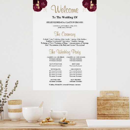 Poster Signe du programme de cérémonie de Mariage floral  (Cuisine)