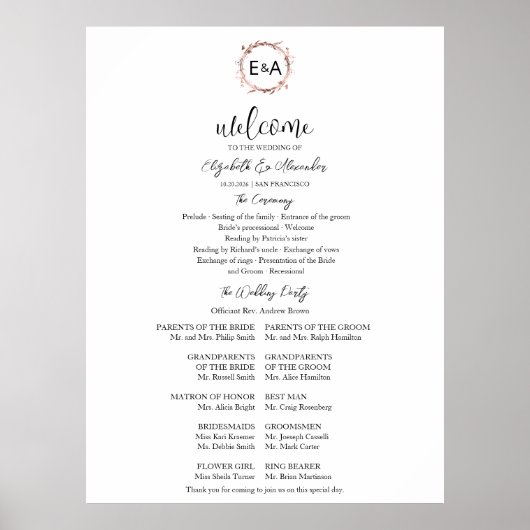 Poster Signe du programme de cérémonie de Mariage monogra (Devant)