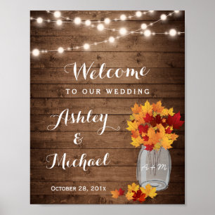 Poster Signe Mariage de automne Mason Jar avec voyants à