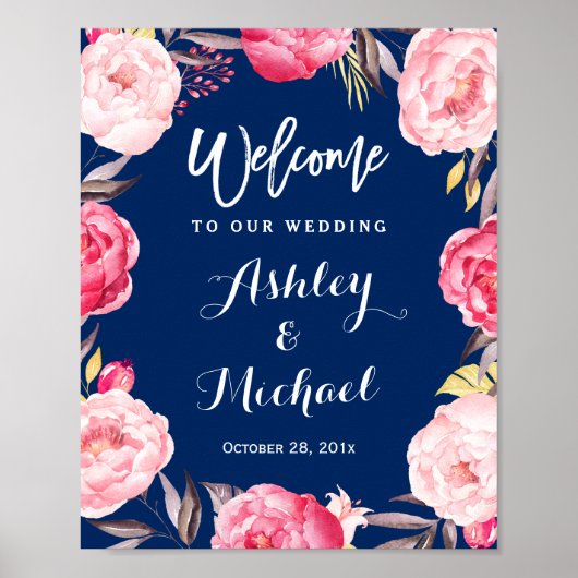 Poster SIGNE Mariage Floral bleu marine moderne (Devant)