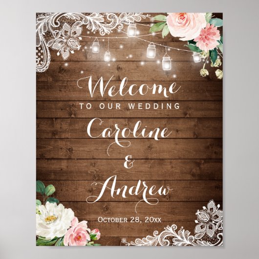 Poster SIGNE Mariage Floral Rustique Mason Jar Lights (Devant)