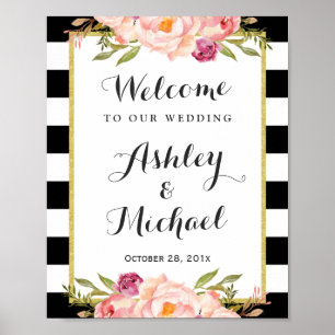 Poster SIGNE MARIAGE Moderne Floral noir blanc rayures