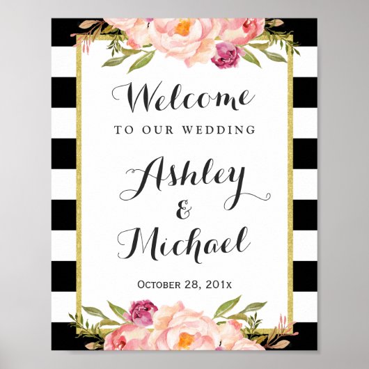 Poster SIGNE MARIAGE | Moderne Floral noir blanc rayures (Devant)