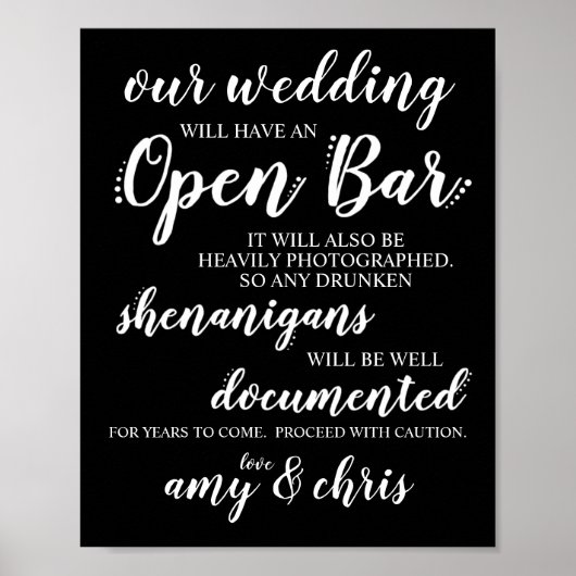 Poster SIGNE mariage Open Bar Funny Drunken Shenanigans (Devant)