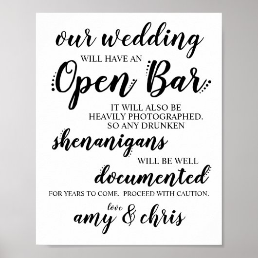 Poster SIGNE mariage Open Bar Funny Drunken Shenanigans (Devant)
