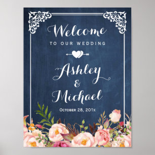 Poster SIGNE mariage Vintage Bleu Chalkboard Floral