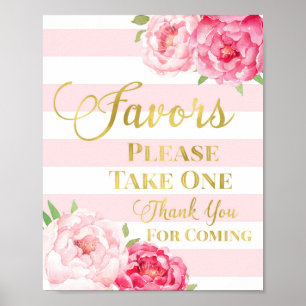 Poster Signe or rose rayures Aquarelle Fleurs Faveurs Sig