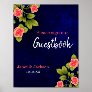 Poster Signe Rose bleu foncé et corail